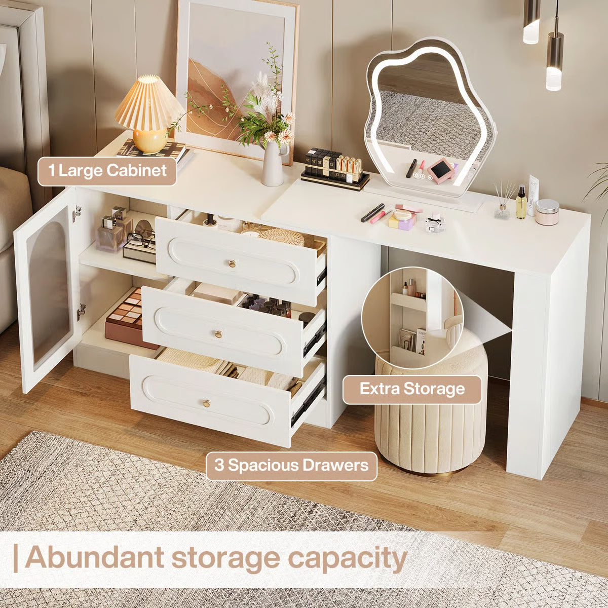 White Makeup Vanity Desk – Modern Dressing Table with Reversible Storage Drawers (Without Mirror)