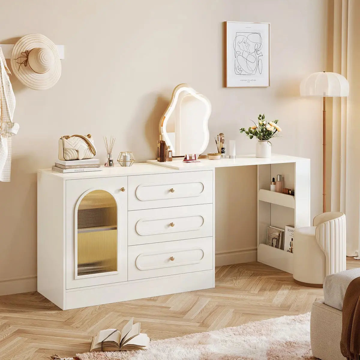 White Makeup Vanity Desk – Modern Dressing Table with Reversible Storage Drawers (Without Mirror)