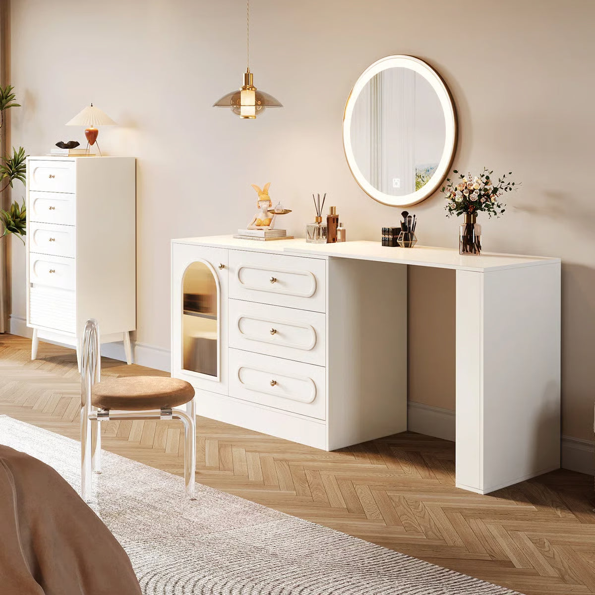White Makeup Vanity Desk – Modern Dressing Table with Reversible Storage Drawers (Without Mirror)