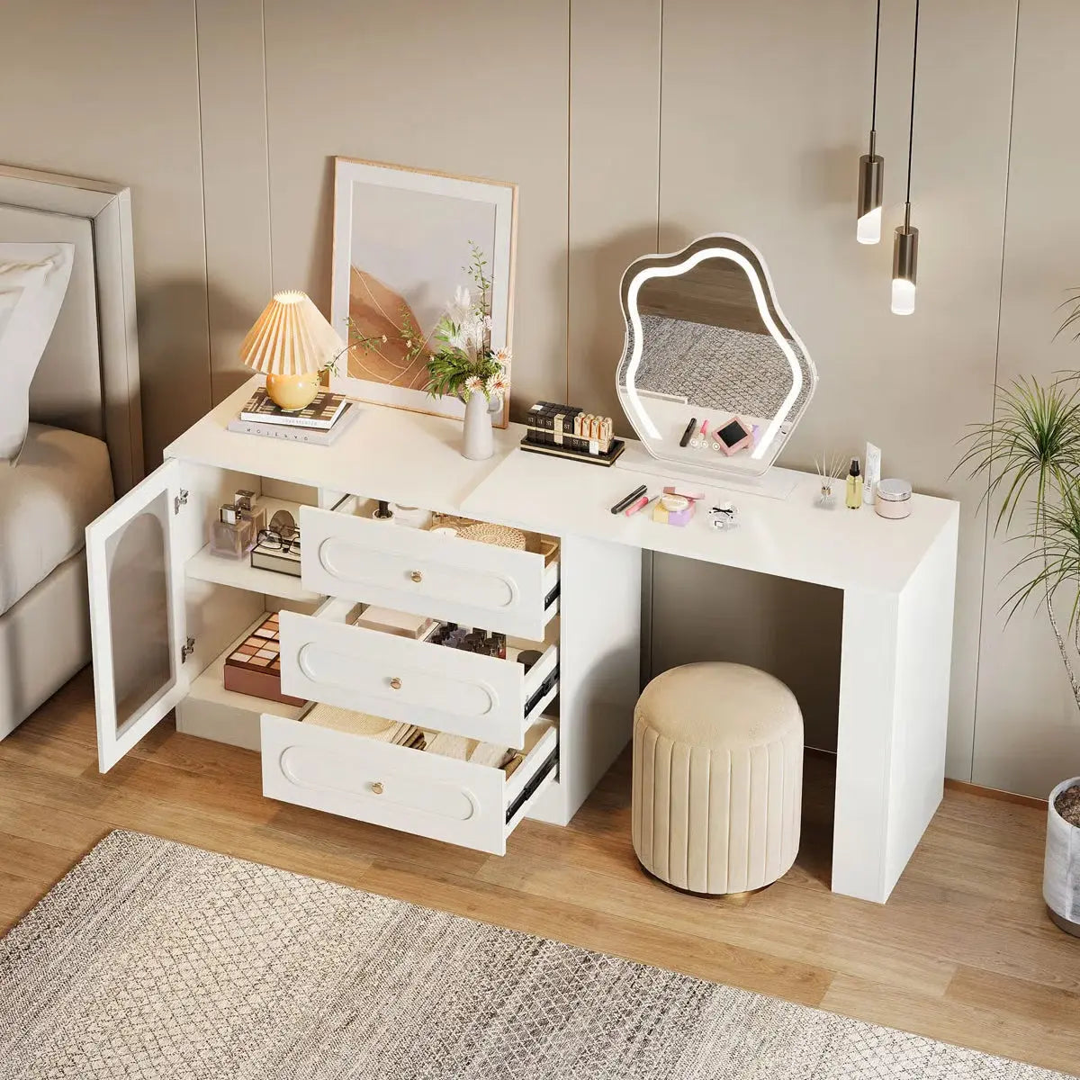 White Makeup Vanity Desk – Modern Dressing Table with Reversible Storage Drawers (Without Mirror) -OUCH CART |Dressing table
