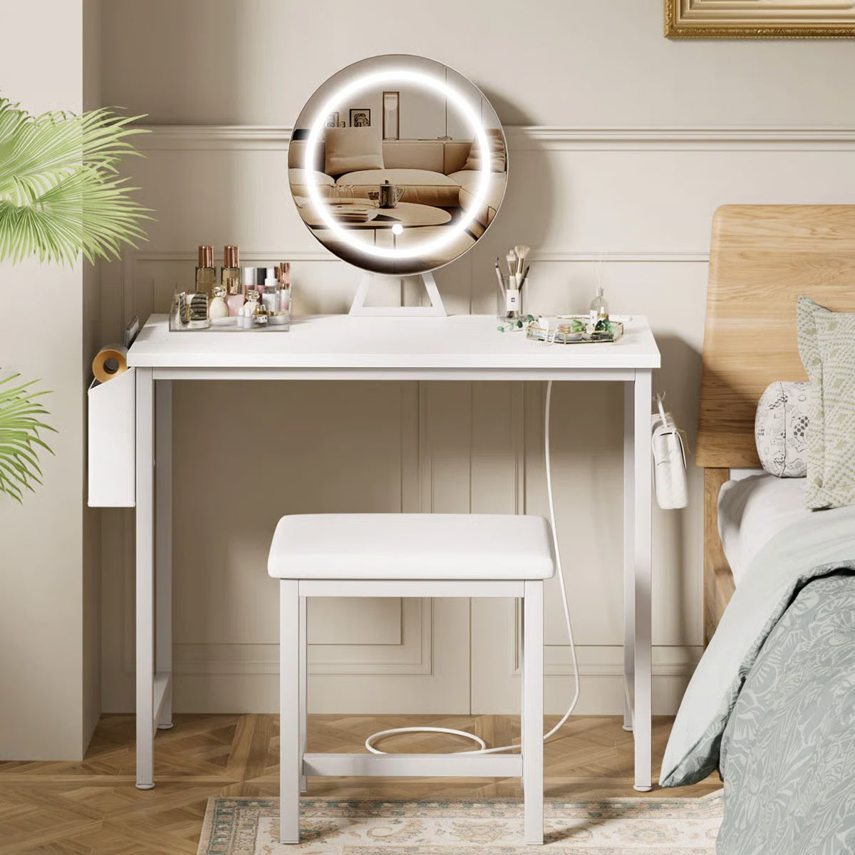 Small Makeup Vanity Desk Set with Chair, LED Mirror, USB & Built-In Power Outlets-OUCH CART |Dressing table