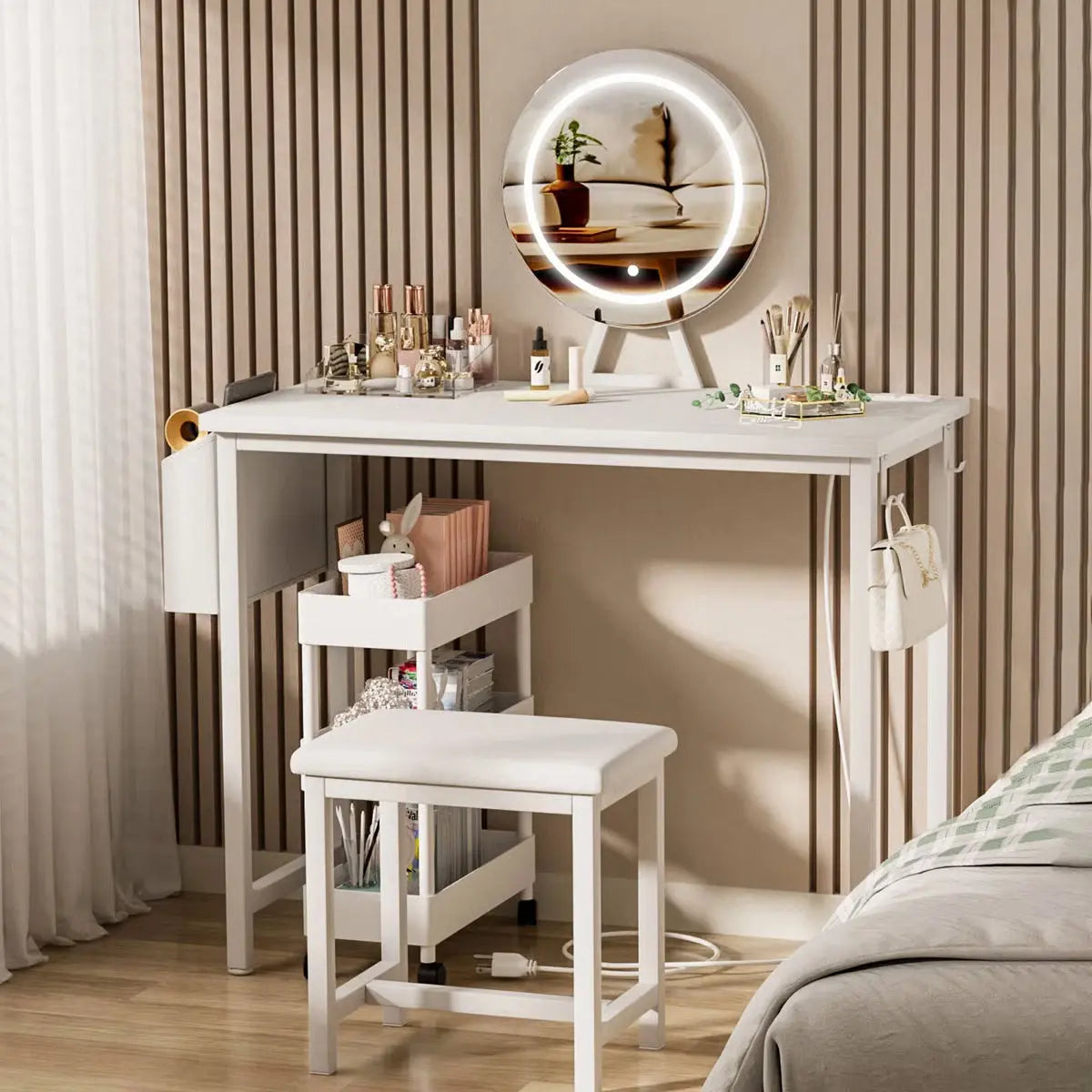 Small Makeup Vanity Desk Set with Chair Mirror, & Built-In Power Outlets