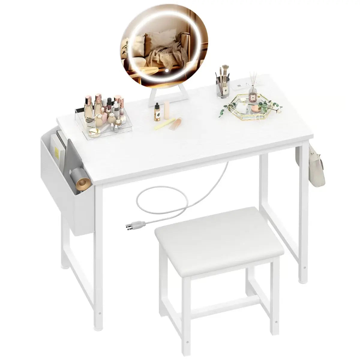 Small Makeup Vanity Desk Set with Chair Mirror, & Built-In Power Outlets