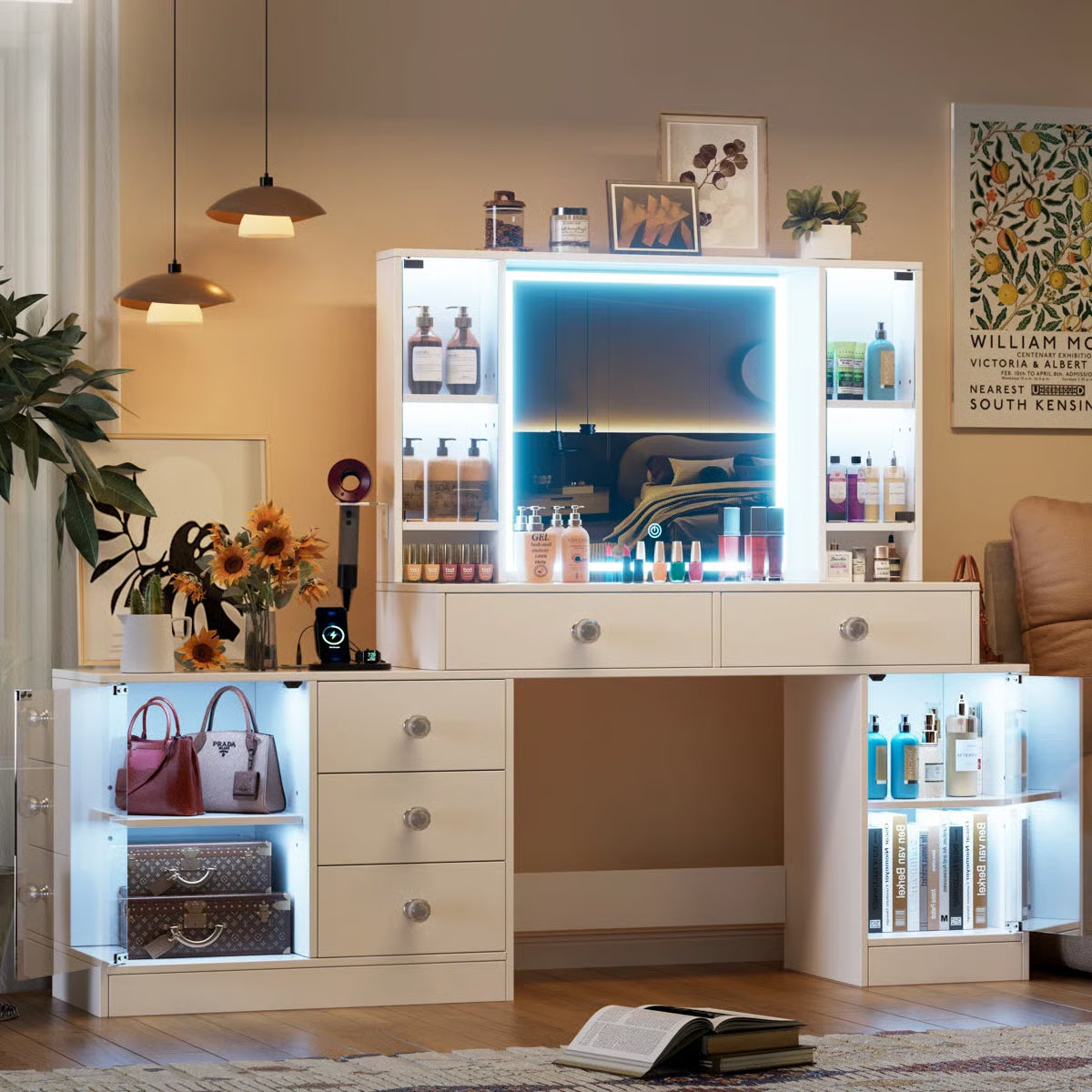 Makeup Vanity Desk with & RGB Cabinets – White 5 Drawers