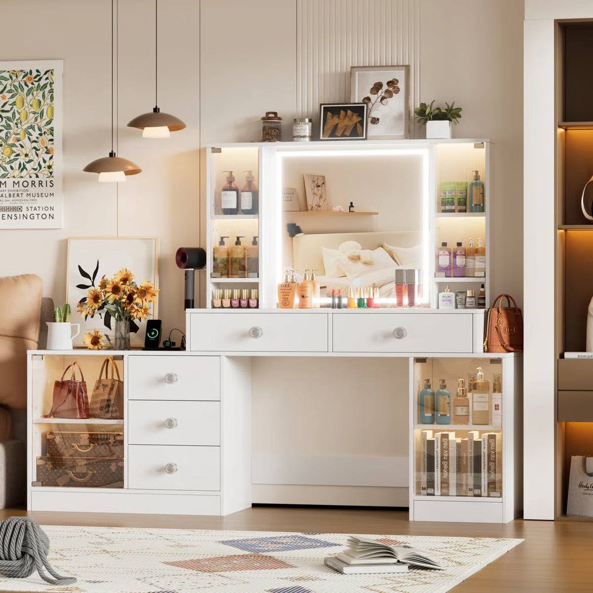 Makeup Vanity Desk with LED Mirror & RGB Cabinets – White, 5 Drawers, 3 Lighting Modes & Power Outlet-OUCH CART |Dressing table