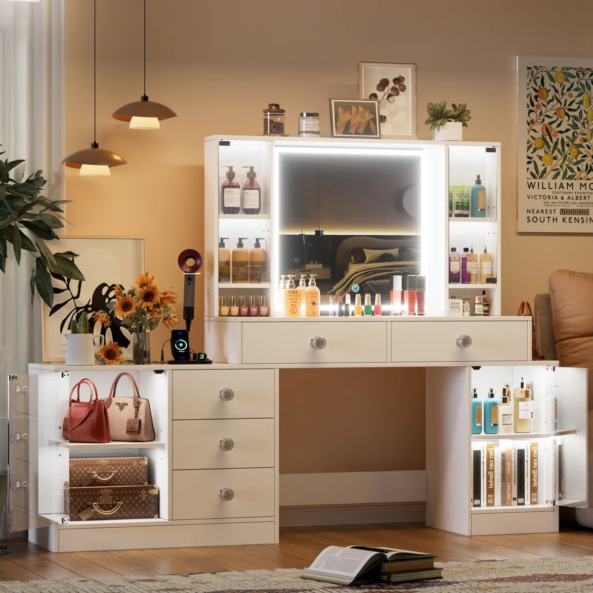 Makeup Vanity Desk with & RGB Cabinets – White 5 Drawers