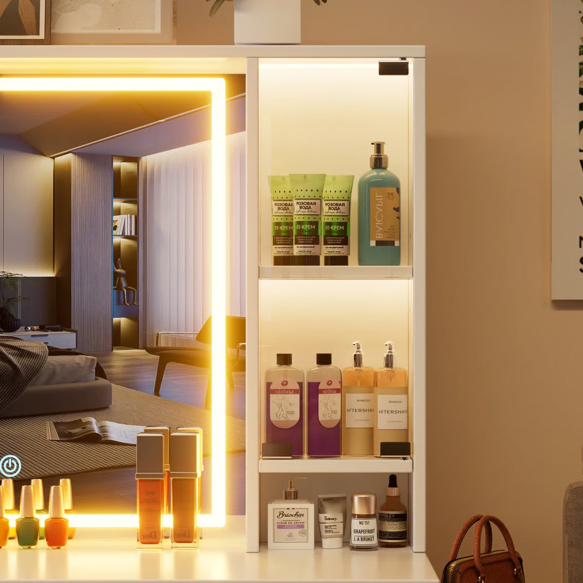 Makeup Vanity Desk with LED Mirror & RGB Cabinets – White, 5 Drawers, 3 Lighting Modes & Power Outlet-OUCH CART |Dressing table