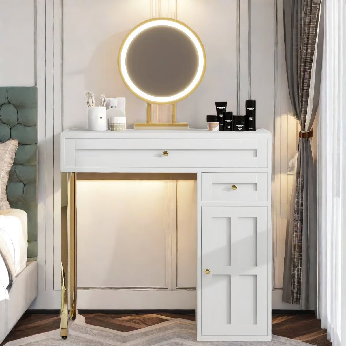 Makeup Vanity Desk with LED Lighted Mirror – 2 Drawers, 1 Cabinet & Gold Legs -OUCH CART |Dressing table