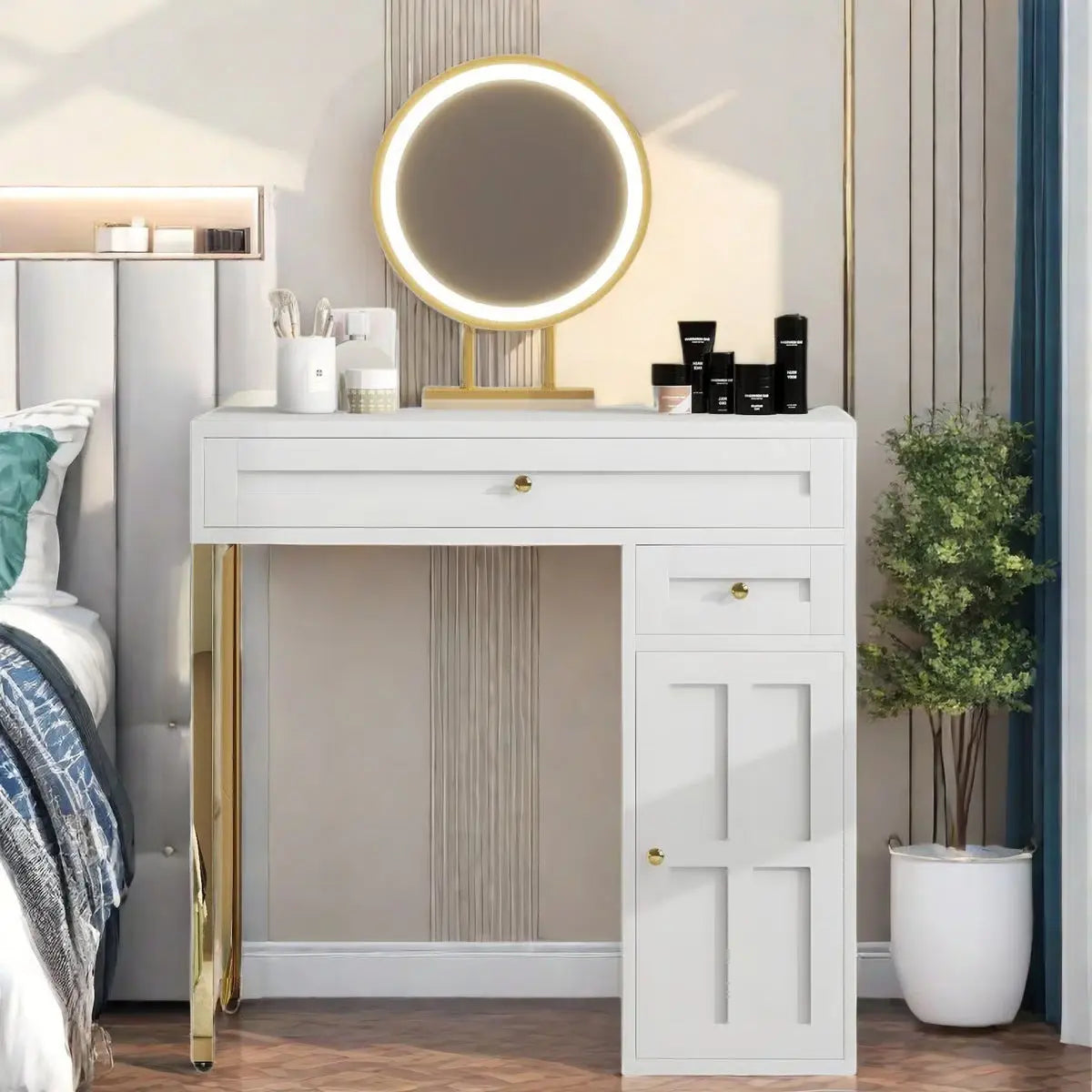 Makeup Vanity Desk with LED Lighted Mirror – 2 Drawers, 1 Cabinet & Gold Legs -OUCH CART |Dressing table