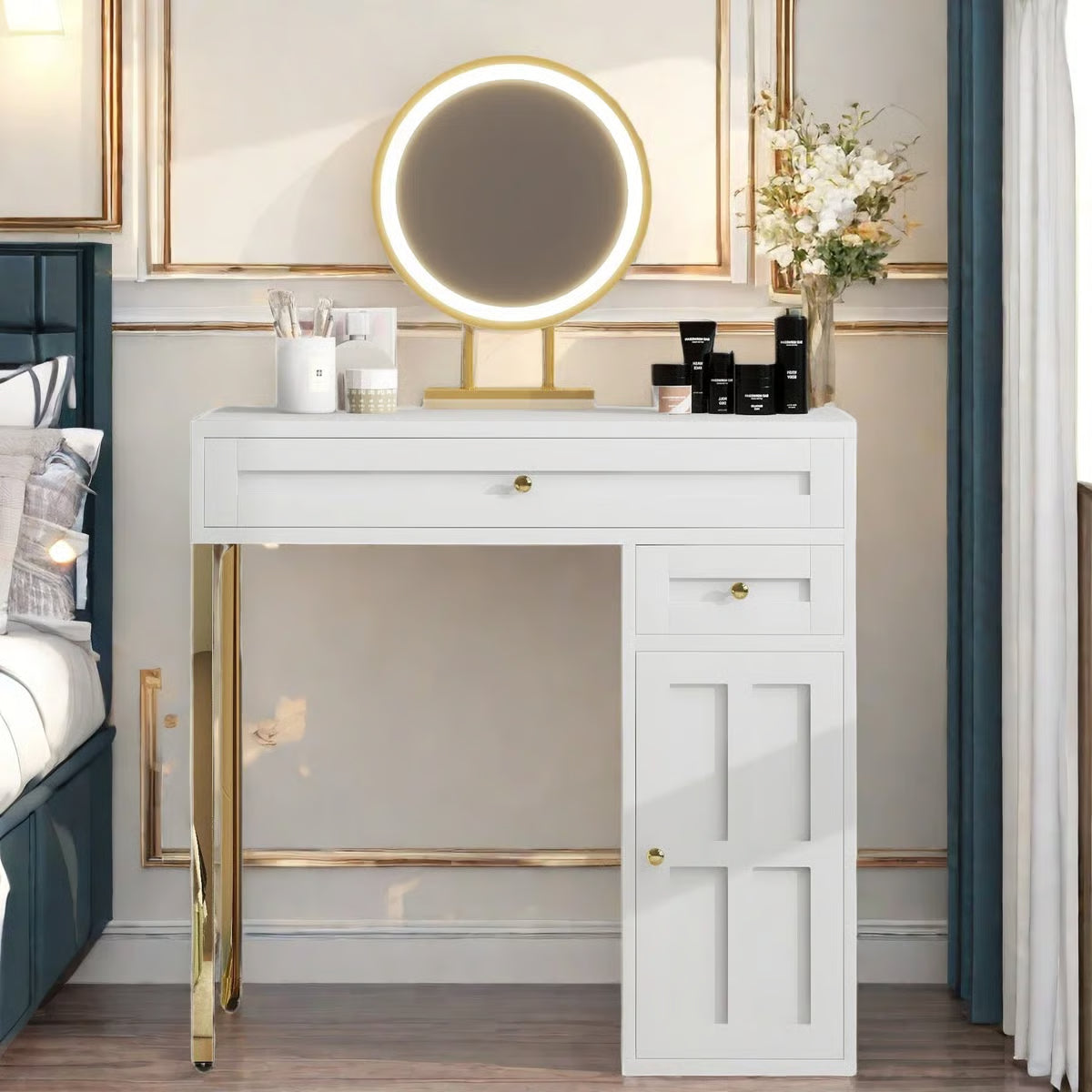 Makeup Vanity Desk with – 2 Drawers, 1 Cabinet & Gold Legs