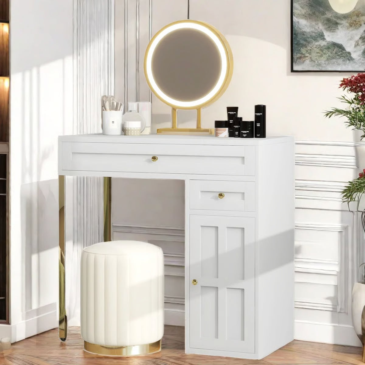 Makeup Vanity Desk with – 2 Drawers, 1 Cabinet & Gold Legs