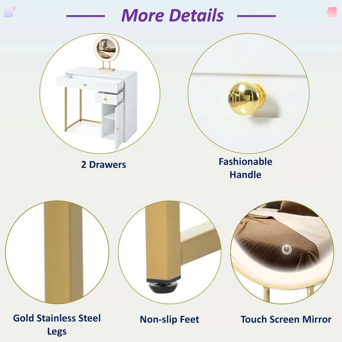 Makeup Vanity Desk with – 2 Drawers, 1 Cabinet & Gold Legs