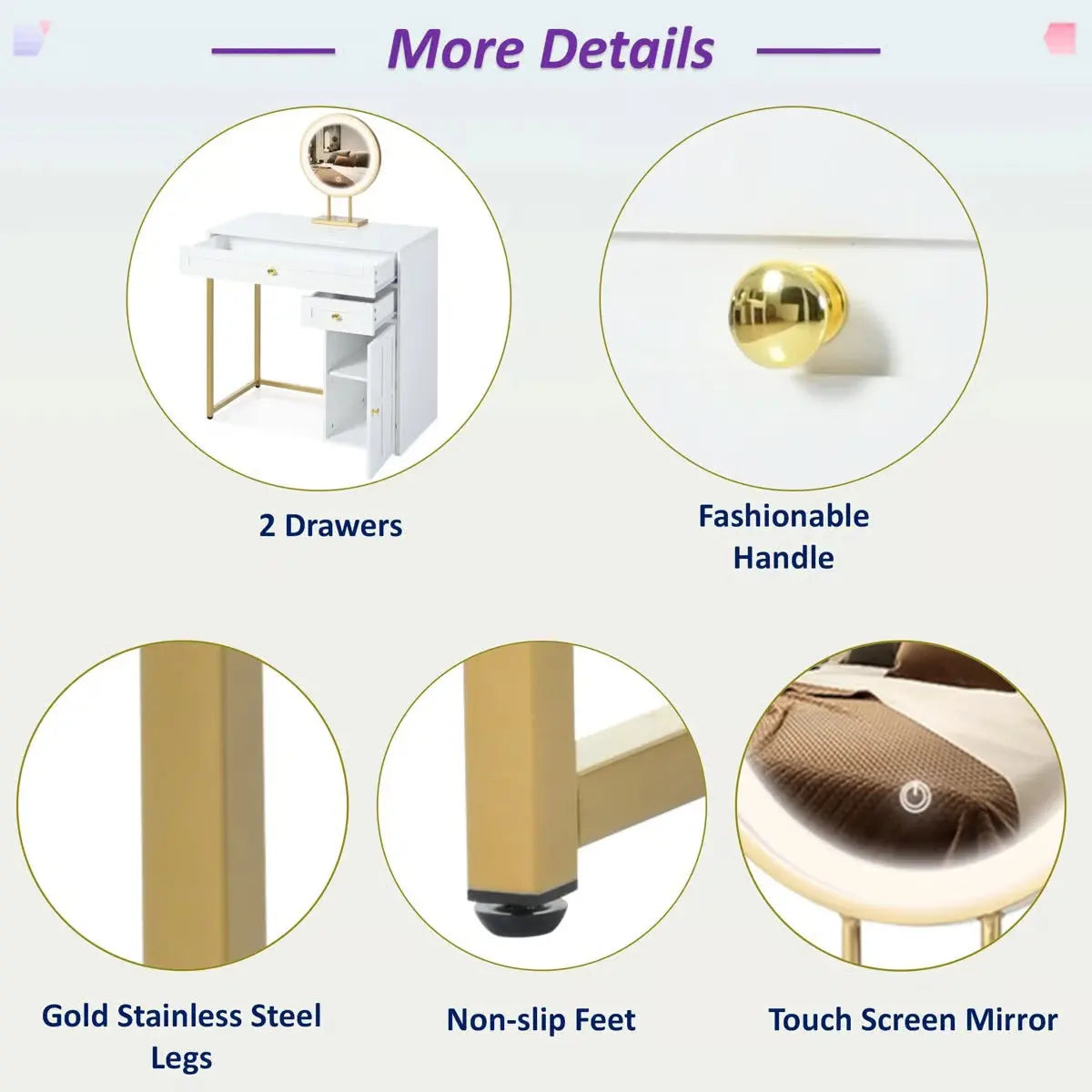 Makeup Vanity Desk with – 2 Drawers, 1 Cabinet & Gold Legs