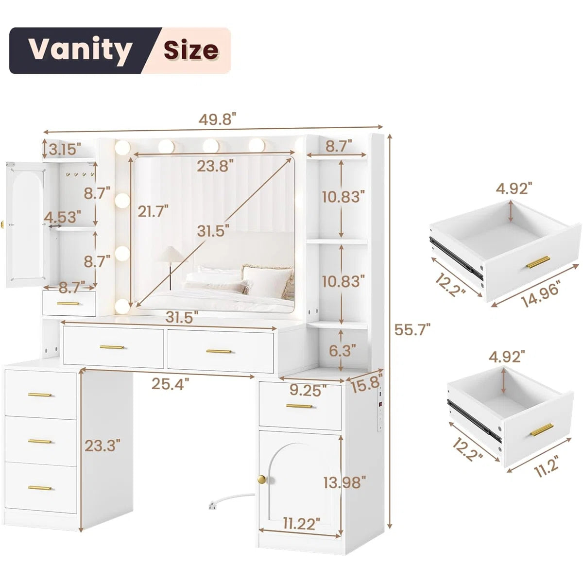 White 49.8" Makeup Vanity Desk with Lighted Mirror, RGB Cabinet, 7 Drawers, Storage Shelves, Side Cabinet, and Adjustable LED Lights- OUCH CART | Dressing table