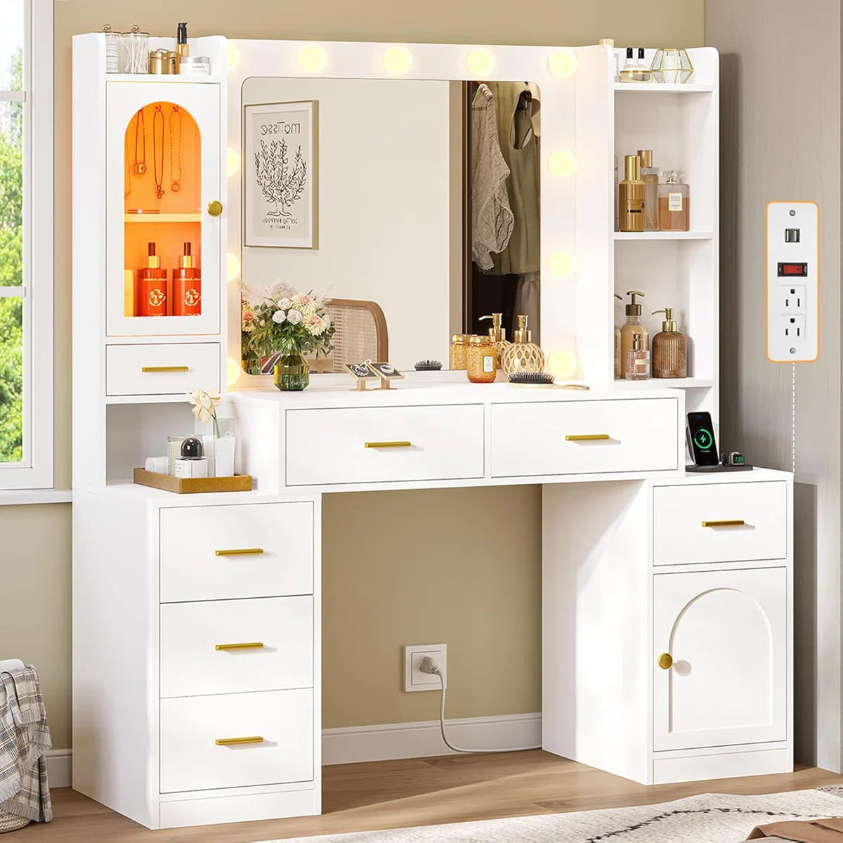 White 49.8" Makeup Vanity Desk with Lighted Mirror, RGB Cabinet, 7 Drawers, Storage Shelves, Side Cabinet, and Adjustable LED Lights- OUCH CART | Dressing table