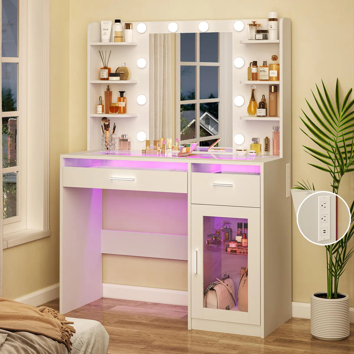 LED Lighted Makeup Vanity Desk with Transparent Desktop and Built-In Power Outlet -OUCH CART | Dressing table