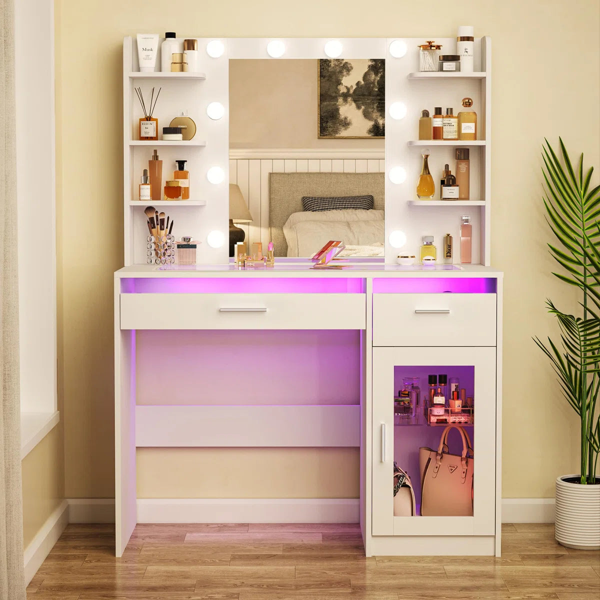 LED Lighted Makeup Vanity Desk with Transparent Desktop and Built-In Power Outlet -OUCH CART | Dressing table
