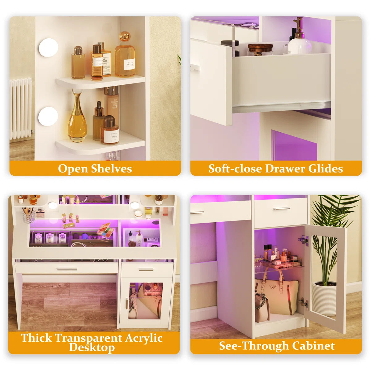 LED Lighted Makeup Vanity Desk with Transparent Desktop and Built-In Power Outlet Ouch Cart