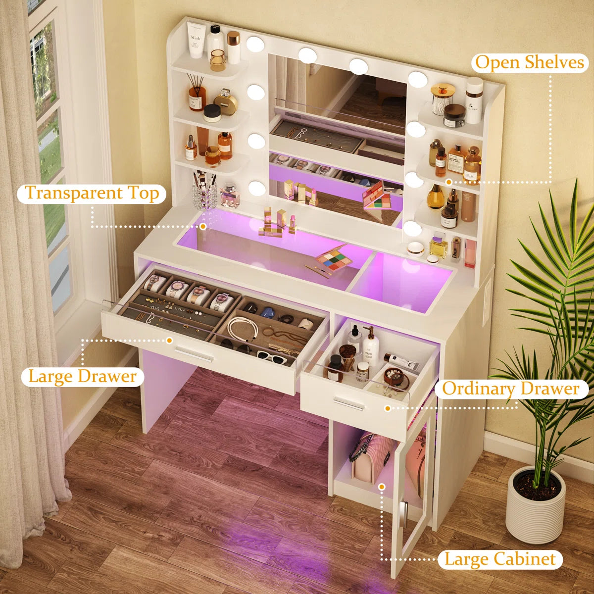 LED Lighted Makeup Vanity Desk with Transparent Desktop and Built-In Power Outlet Ouch Cart