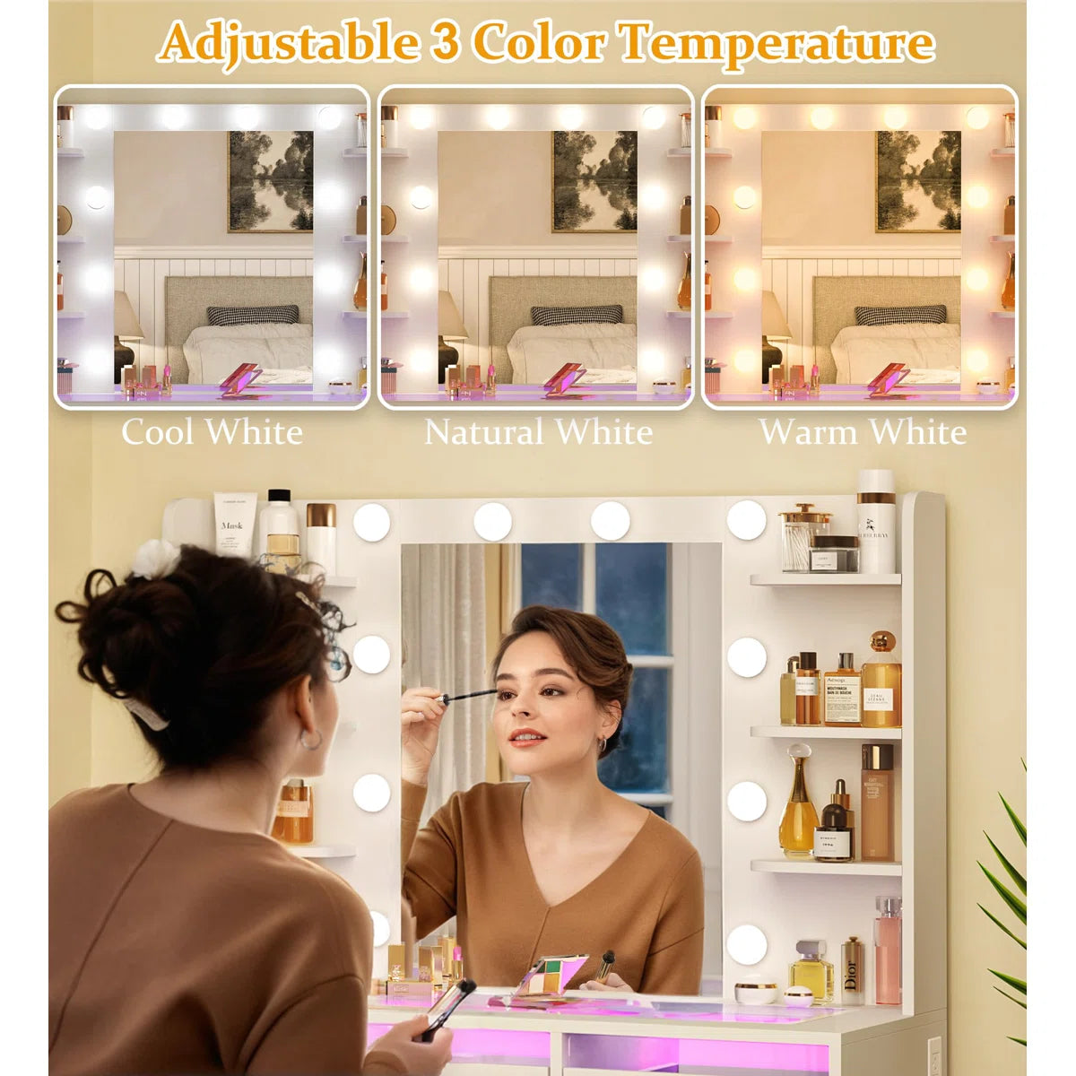 LED Lighted Makeup Vanity Desk with Transparent Desktop and Built-In Power Outlet -OUCH CART | Dressing table