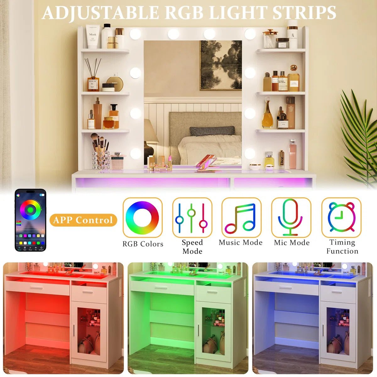 LED Lighted Makeup Vanity Desk with Transparent Desktop and Built-In Power Outlet