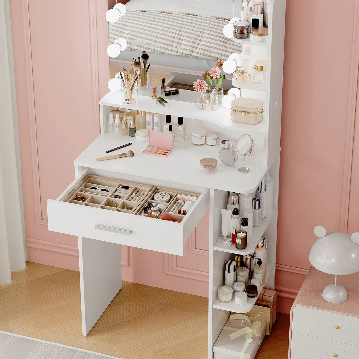 Modern White Makeup Vanity with LED Mirror and Multiple Storage Compartments