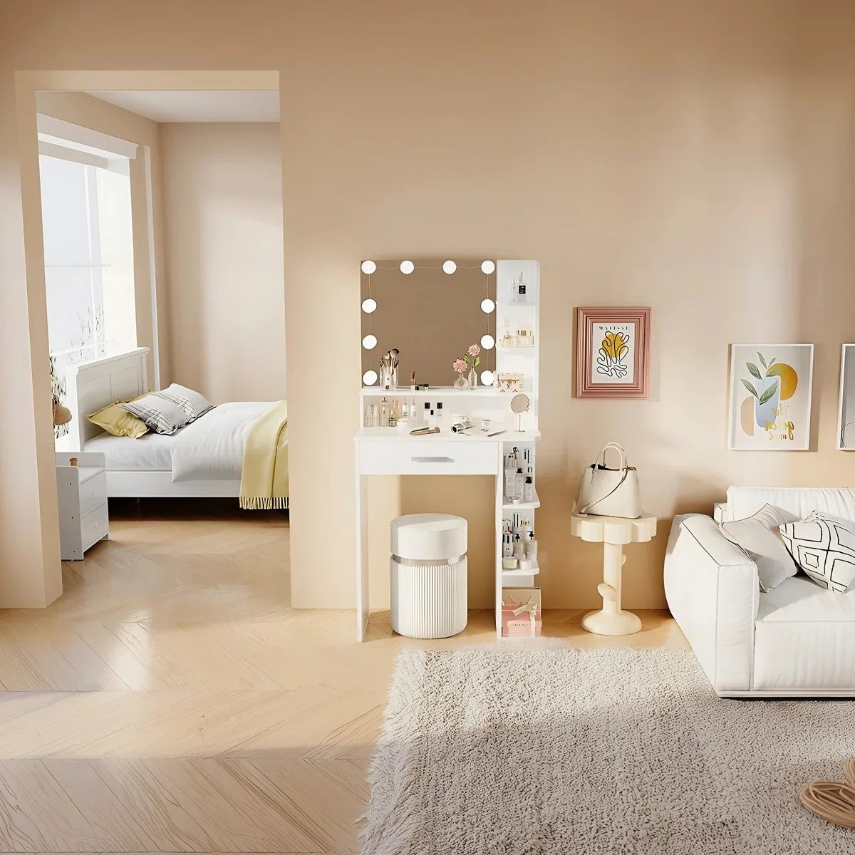 Modern White Makeup Vanity with LED Mirror and Multiple Storage Compartments