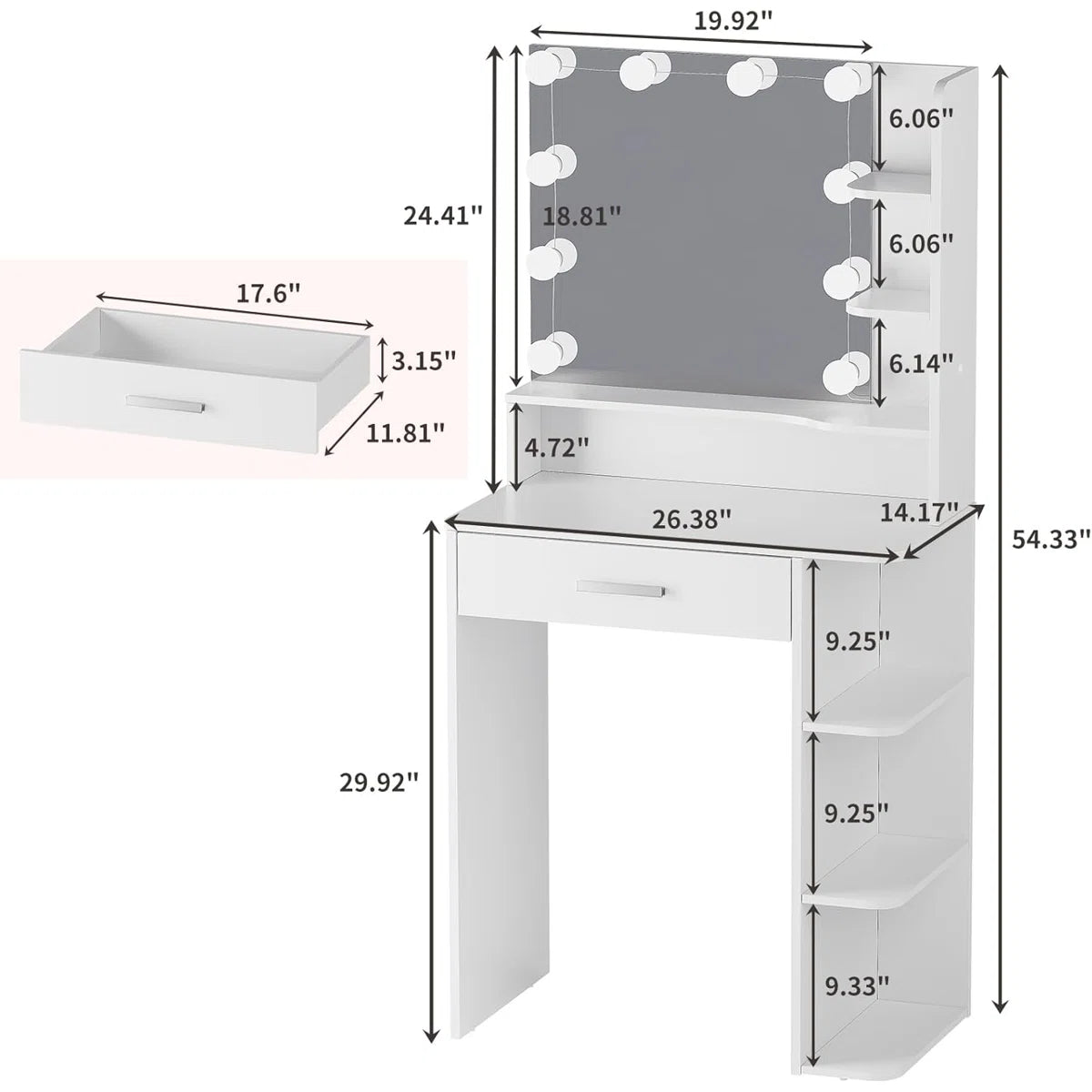 Modern White Makeup Vanity with LED Mirror and Multiple Storage Compartments OUCH CART