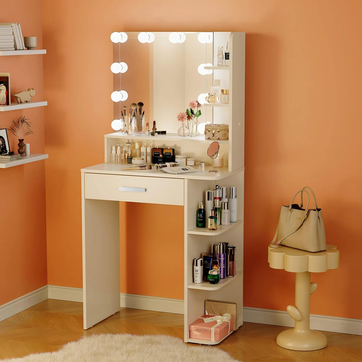 Modern White Makeup Vanity with LED Mirror and Multiple Storage Compartments