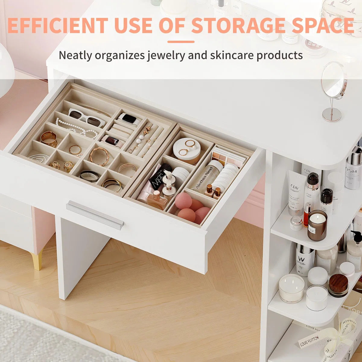 Modern White Makeup Vanity with LED Mirror and Multiple Storage Compartments