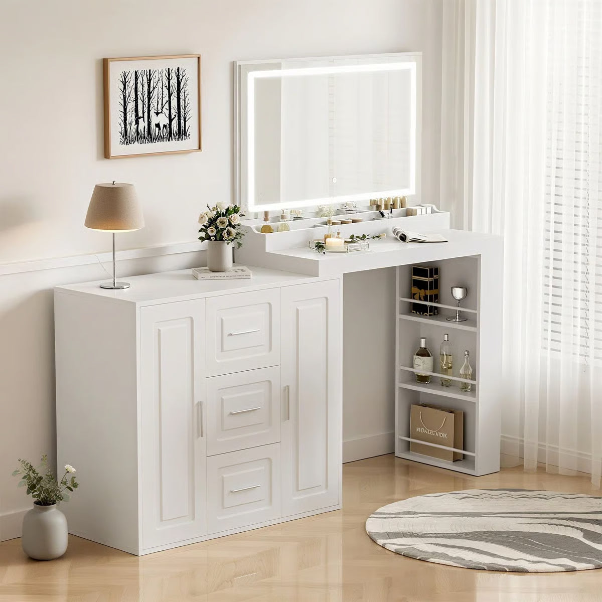 Dressing Table with Mirror & Lights – Makeup Vanity Desk with 3 Drawers & 2 Cabinets-OUCH CART |Dressing table