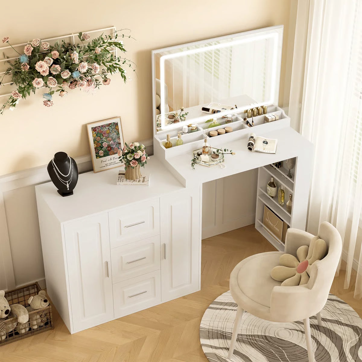 Dressing Table with Mirror & Lights – Makeup Vanity Desk with 3 Drawers & 2 Cabinets