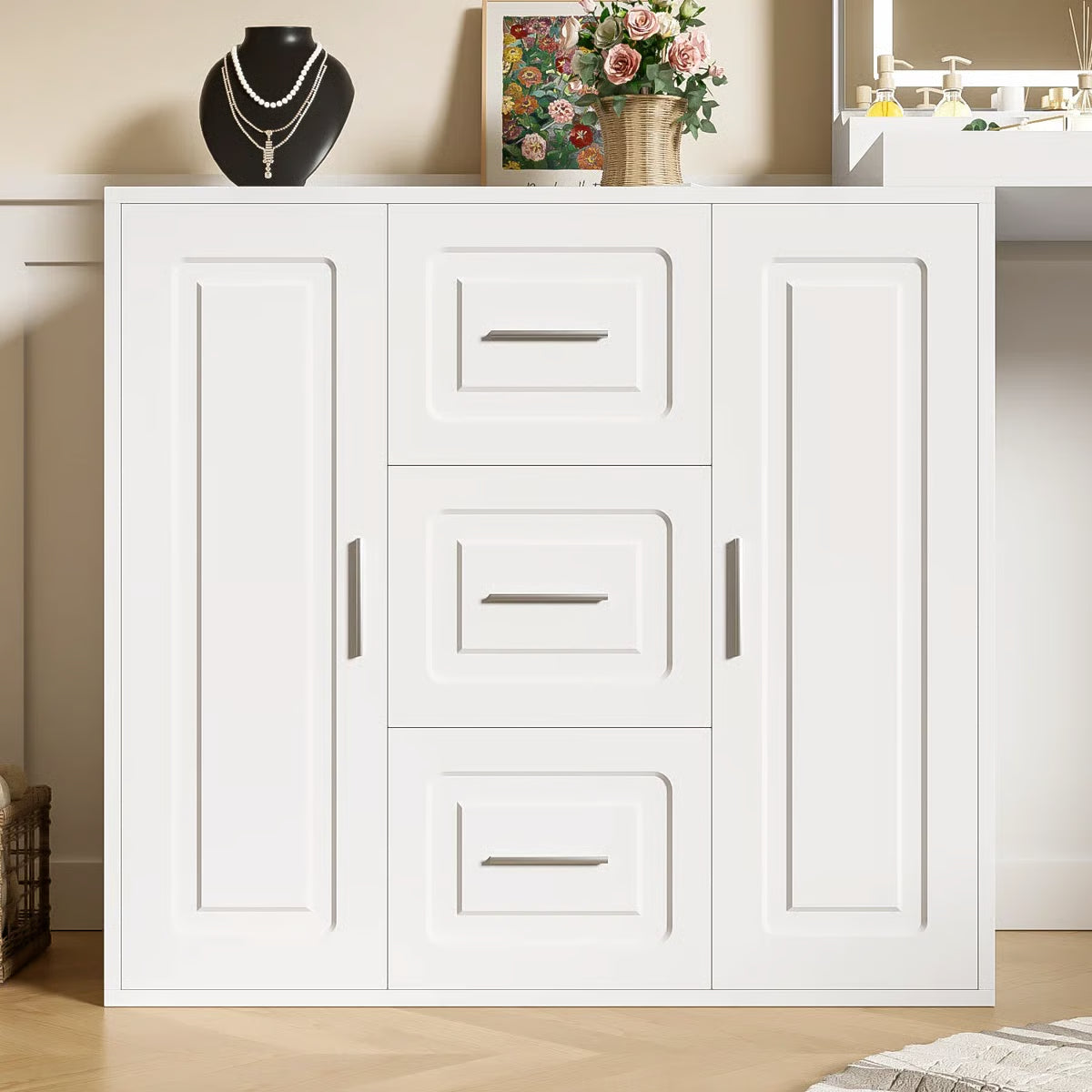 Dressing Table with Mirror & Lights – Makeup Vanity Desk with 3 Drawers & 2 Cabinets