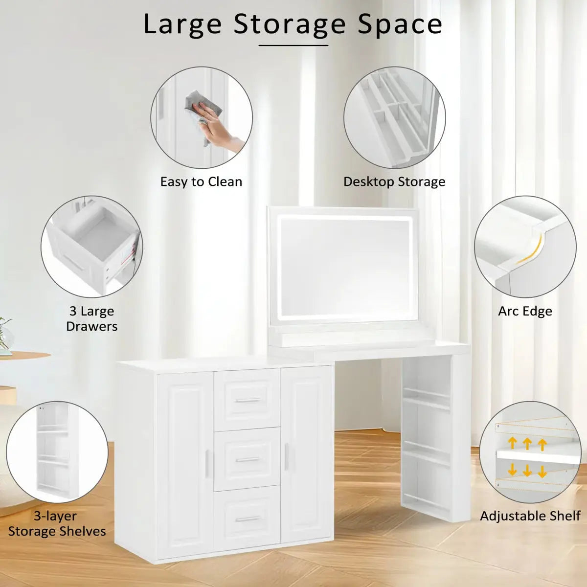Dressing Table with Mirror & Lights – Makeup Vanity Desk with 3 Drawers & 2 Cabinets-OUCH CART |Dressing table