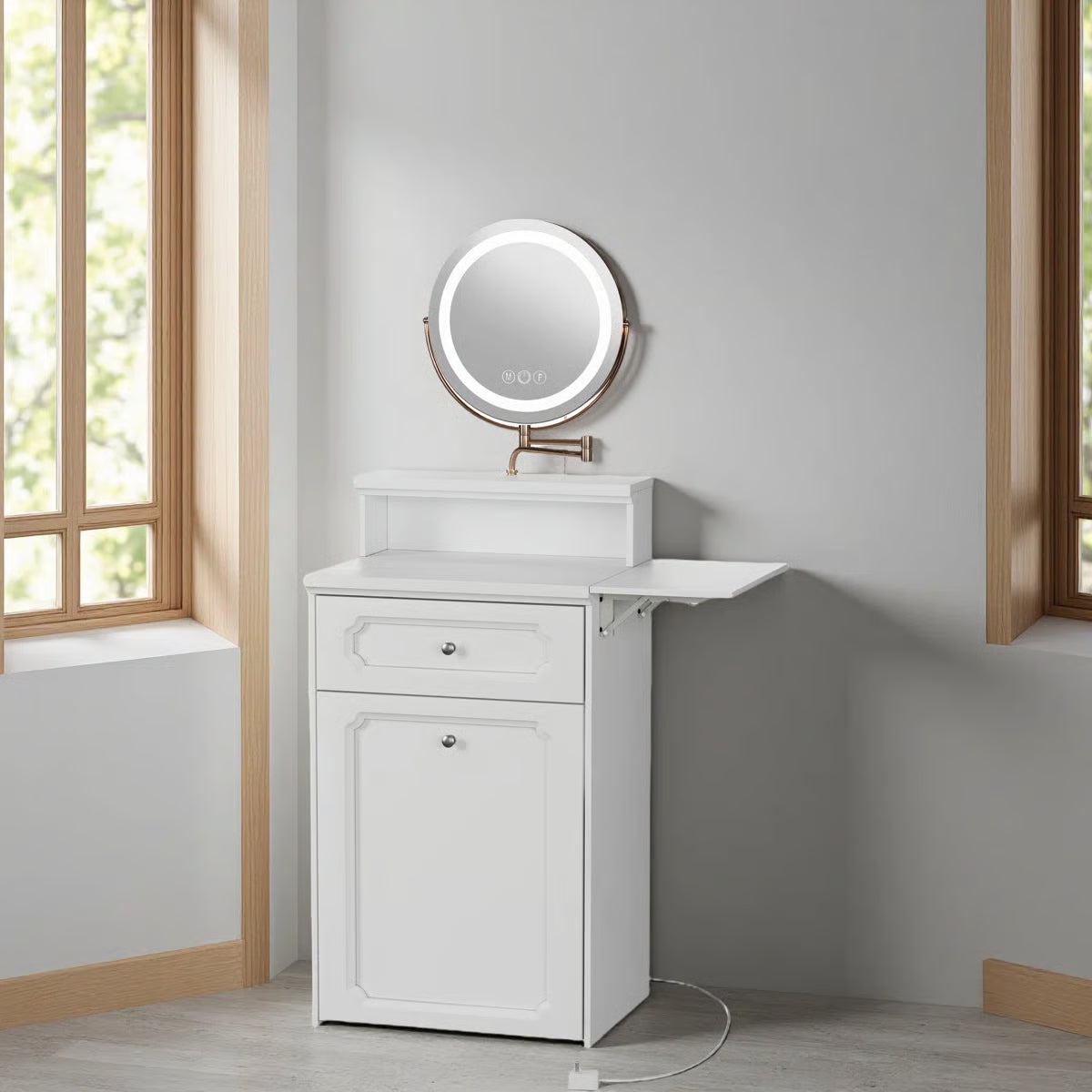 2-in-1 Bedroom Vanity Desk – Makeup Table with Round Mirror, LED Lights & Chair-OUCH CART | Dressing table