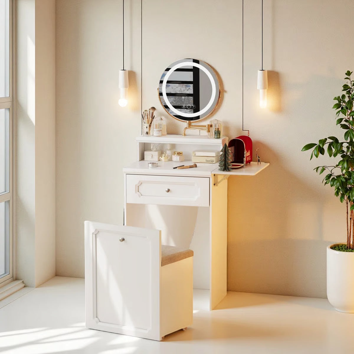 2-in-1 Bedroom Vanity Desk – Makeup Table with Round Mirror, LED Lights & Chair-OUCH CART | Dressing table