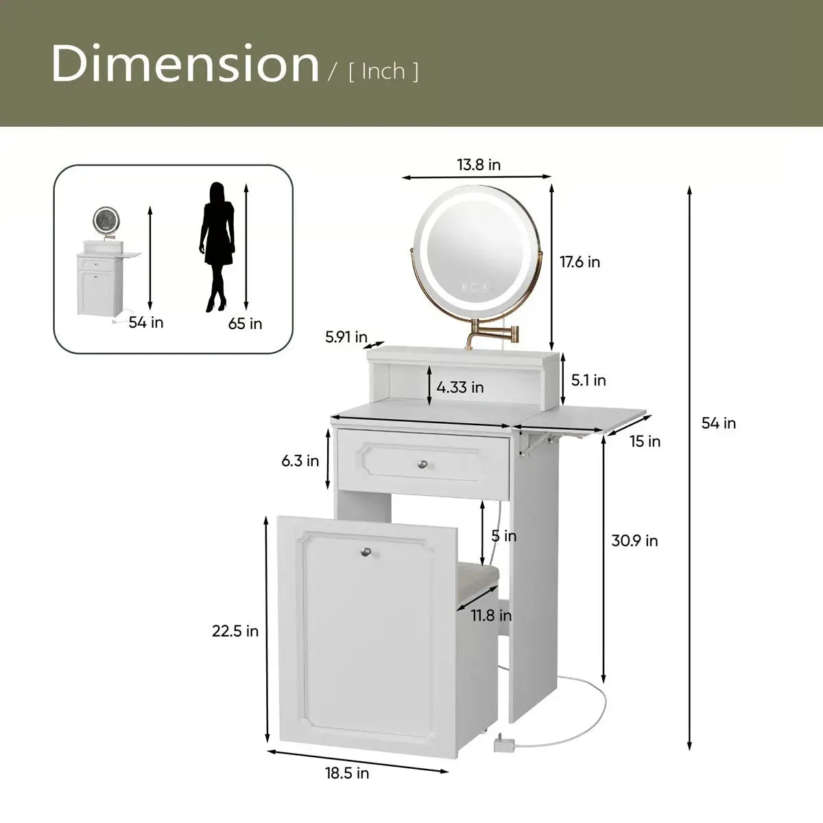 2-in-1 Bedroom Vanity Desk – Makeup Table with Round Mirror, LED Lights & Chair