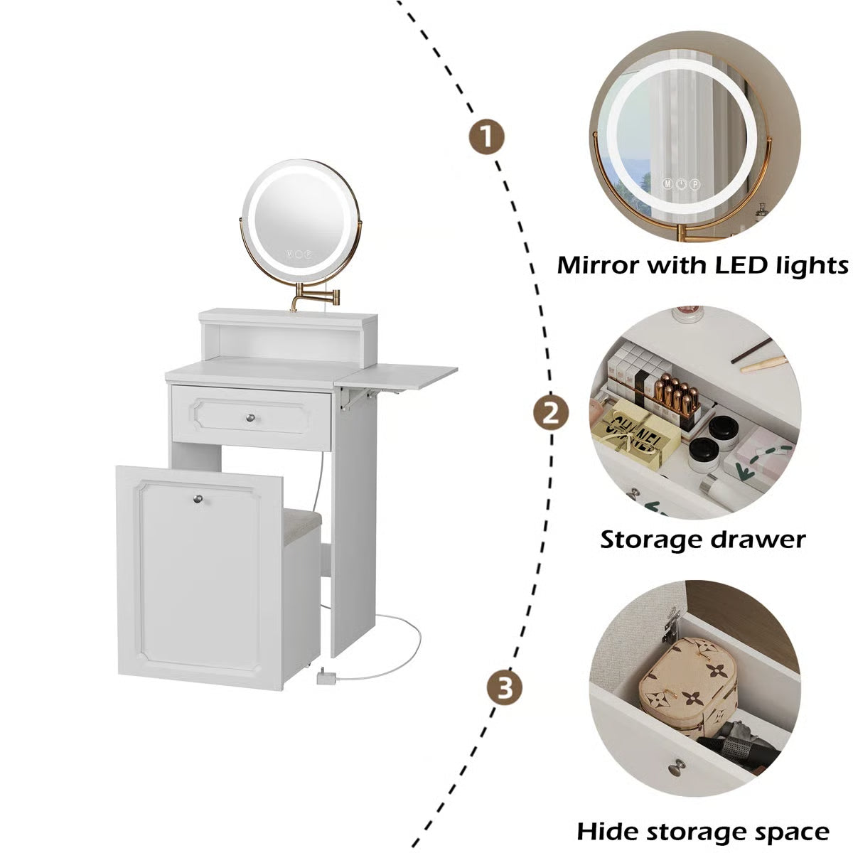 2-in-1 Bedroom Vanity Desk – Makeup Table with Round Mirror, LED Lights & Chair-OUCH CART | Dressing table