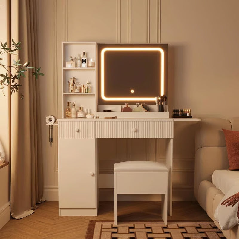 Makeup Vanity Desk w/ LED Lights & Power Outlets - 2 Drawers, Cabinet & Stool - Dressing Table with Charging Station