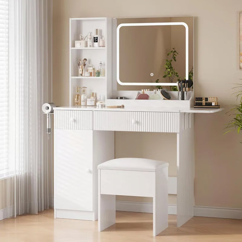 Makeup Vanity Desk w/ LED Lights & Power Outlets - 2 Drawers, Cabinet & Stool - Dressing Table with Charging Station-OUCH CART |Dressing table