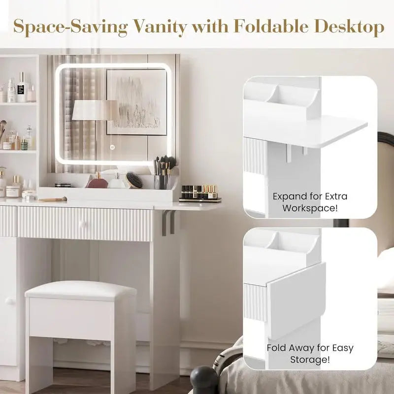 Makeup Vanity Desk w/ LED Lights & Power Outlets - 2 Drawers, Cabinet & Stool - Dressing Table with Charging Station