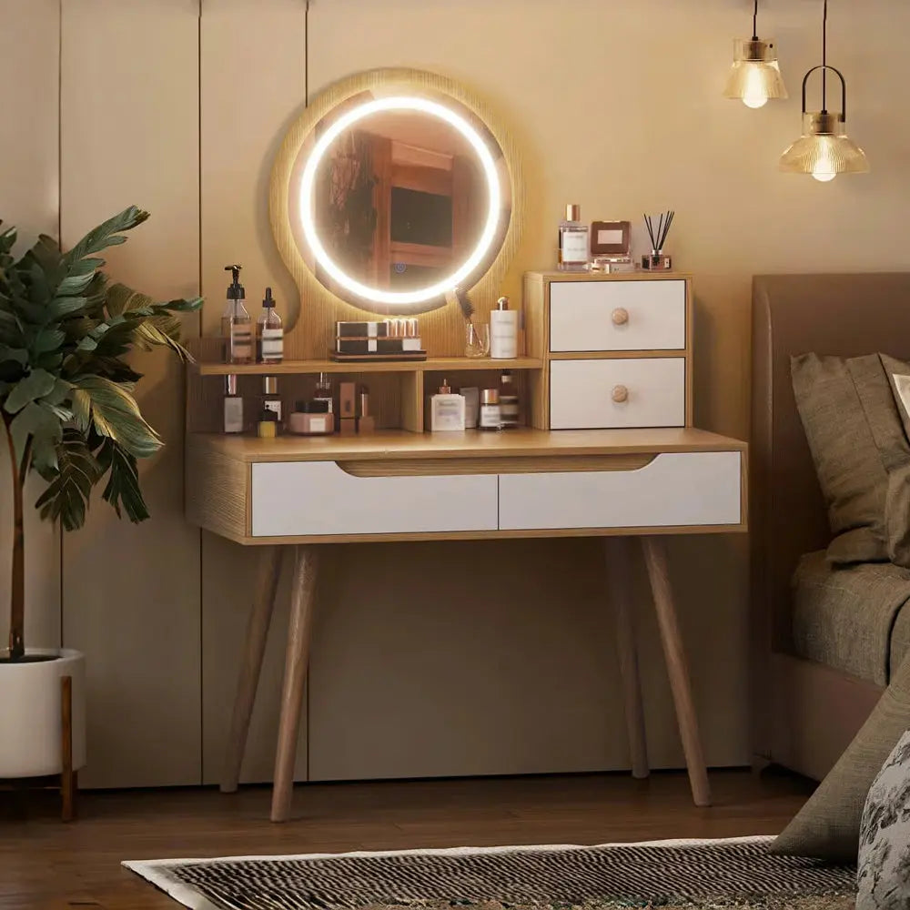 LED Lighted Makeup Vanity Desk – 3 Adjustable Mirrors, 4 Drawers & 3 Shelves-OUCH CART |Dressing table