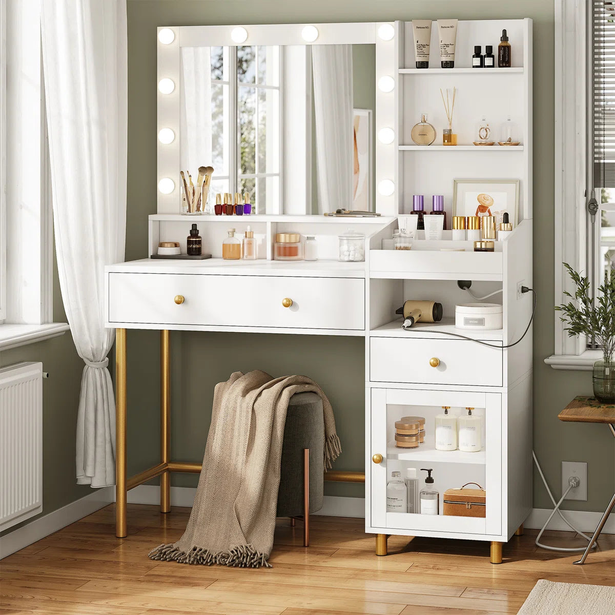 White Lighted Makeup Vanity Desk with 3 Adjustable Light Modes- OUCH CART | Dressing table