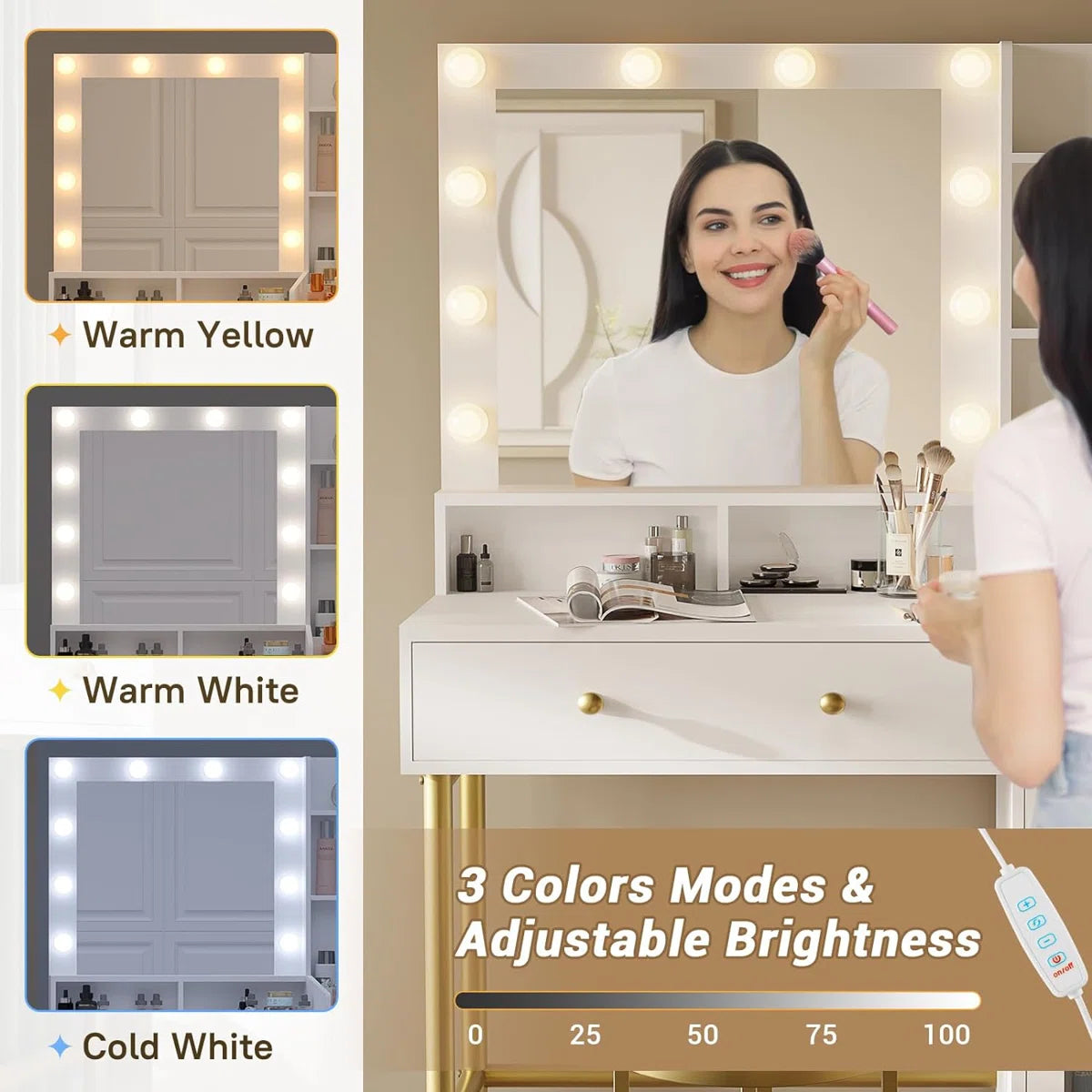 White Lighted Makeup Vanity Desk with 3 Adjustable Light Modes