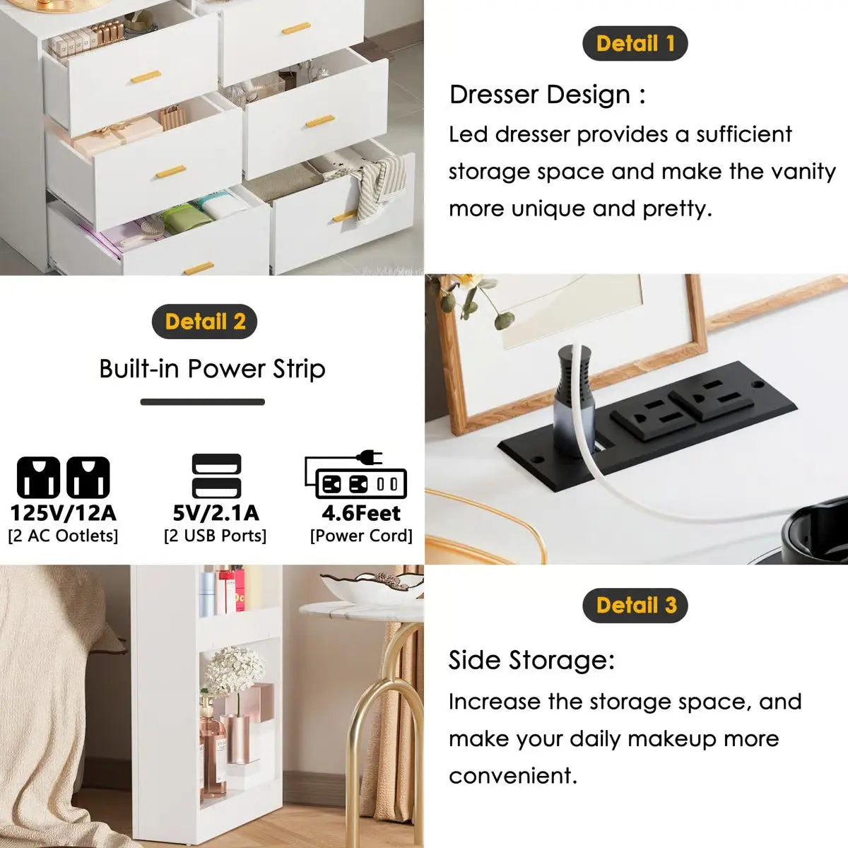 Makeup Vanity Desk with 6 Drawers & Built-In Charging Station