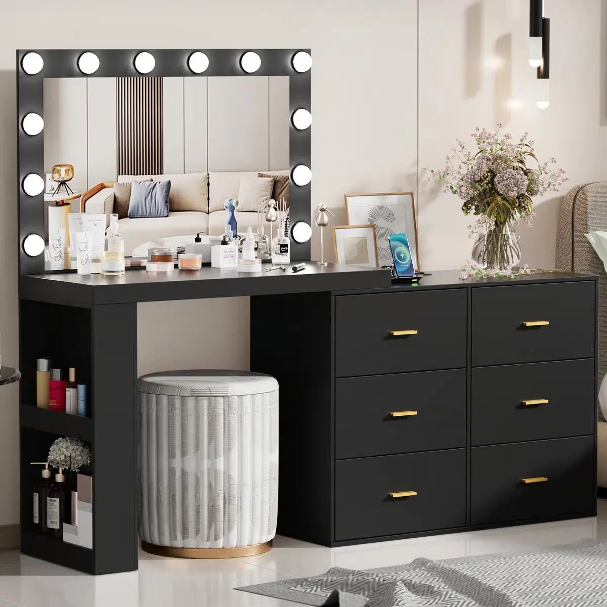 Makeup Vanity Desk with 6 Drawers & Built-In Charging Station