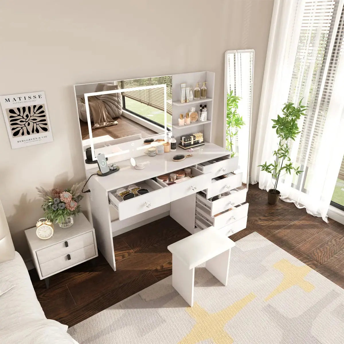 7-Drawer Makeup Vanity Table with LED Lighting and Built-In Charging Station-OUCH CART |Dressing table