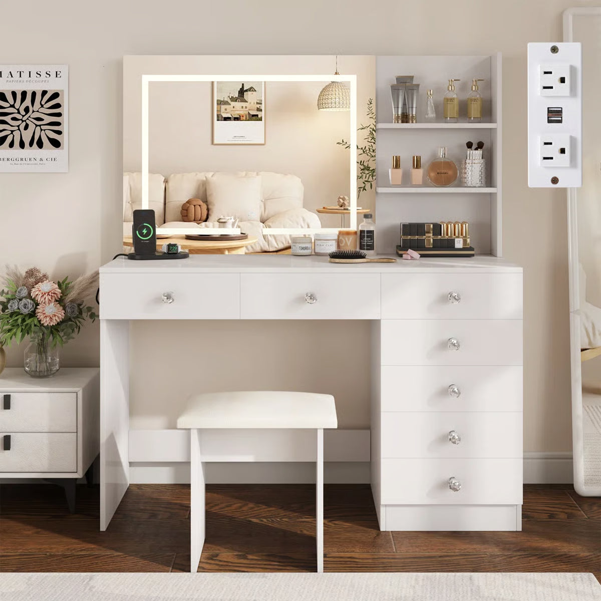 7-Drawer Makeup Vanity Table with LED Lighting and Built-In Charging Station-OUCH CART |Dressing table