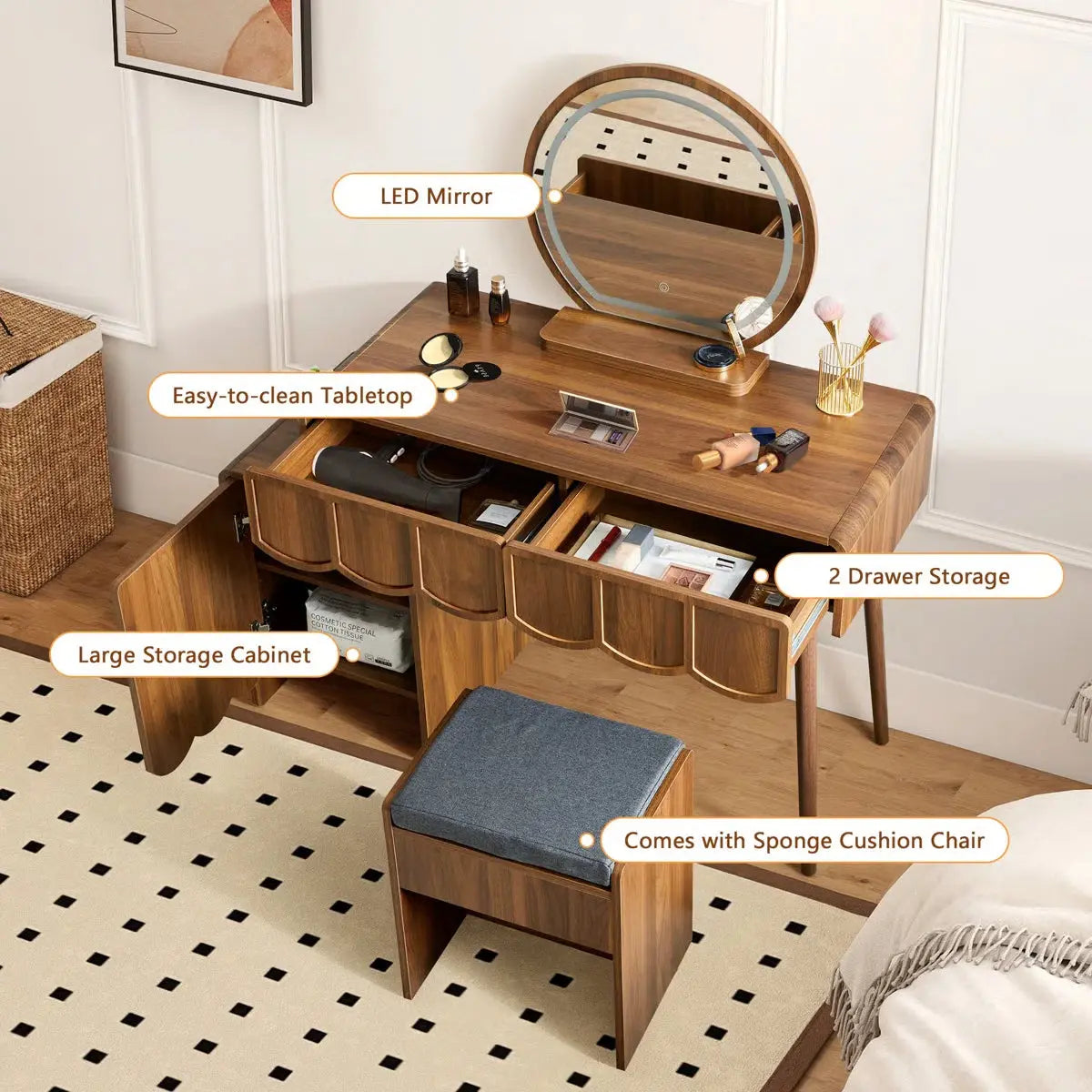 Modern Makeup Vanity Set with, Storage Drawers & Comfortable Stool