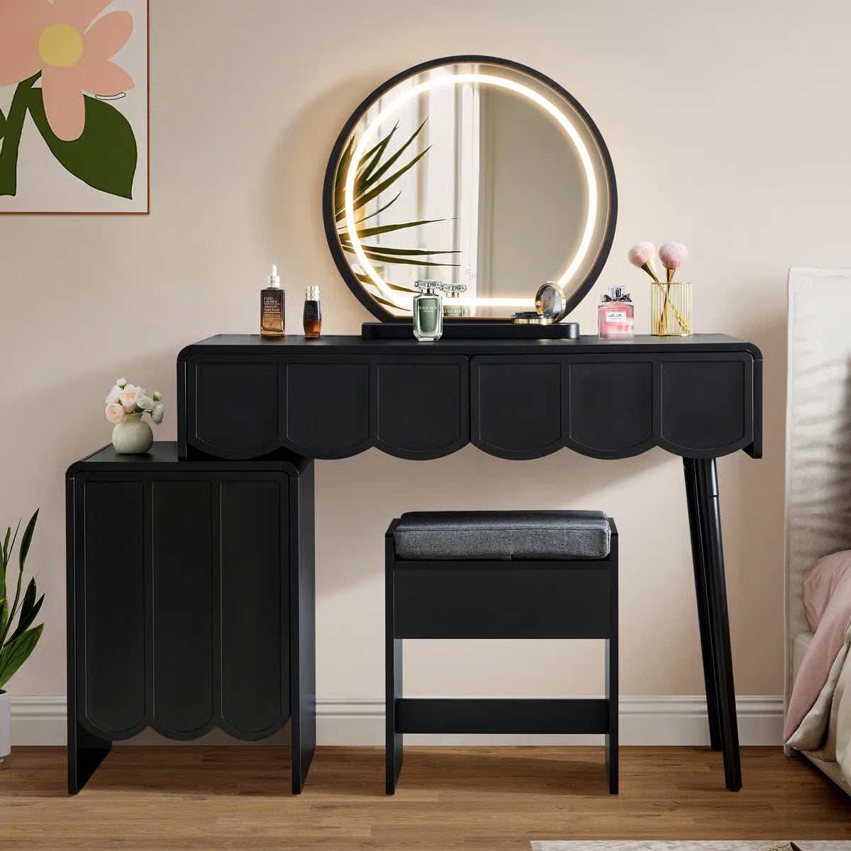 Modern Makeup Vanity Set with LED Mirror, Storage Drawers & Comfortable Stool